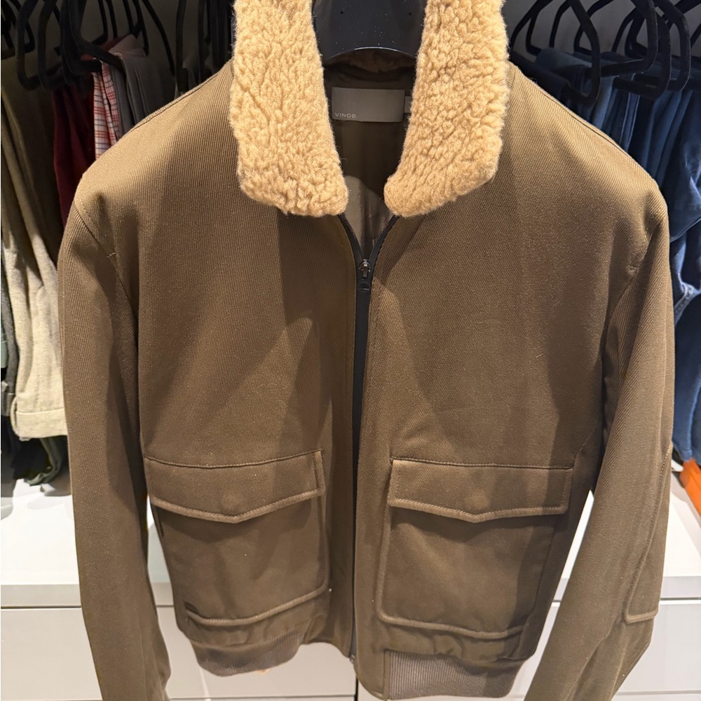 Vince Tan Bomber Jacket with Shearling Collar